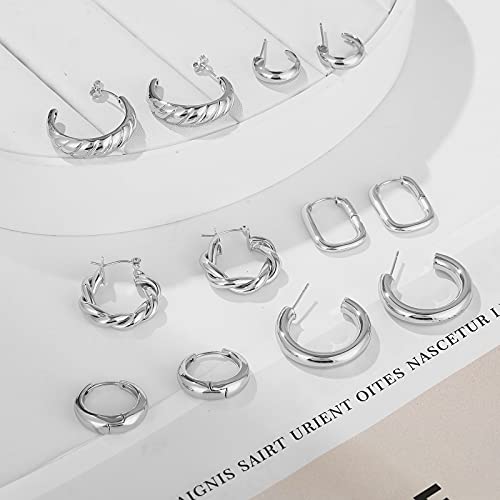 Silver Hoop Earrings Set For Women, 14K Gold Plated Lightweight Hypoallergenic Chunky Open Hoops Set For Gift #TOP6