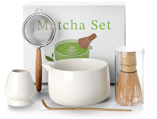 20OZ Matcha Whisk Set - 5PCS Matcha Kit Includes Ceramic Bowl with Spout, Bamboo Whisk with Holder, Bamboo Scoop and Sifter, Matcha Set for Ceremony, Gift for Matcha Lovers (White)