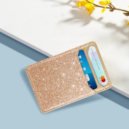 Image of Self Adhesive Card Holders for Back of Phone, Leather RFID Phone Wallet Pockets Stick On, Credit Card Holders Sleeve for Phone Case Compatible with Most of Smartphones, Glitter Gold