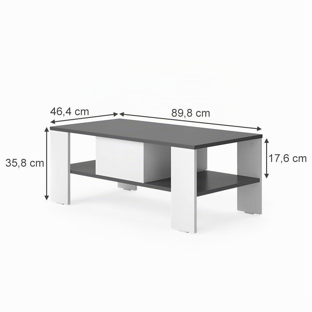 Vicco Couchtisch Wilmut, Anthrazit/Weiß, 89.8 x 46.4 cm | mit Schublade, Ablagefläche für Zeitschriften und Fernbedienungen