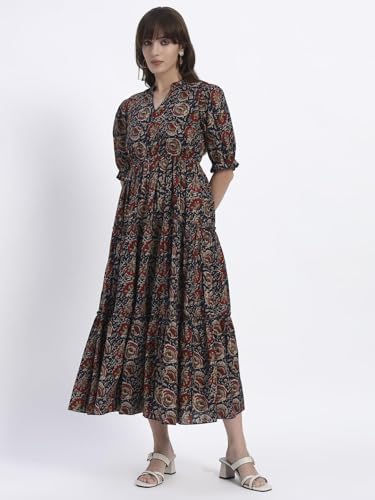 Image of Women's Fit and Flare Dress I Pure Cotton Long Summer Maxi Dress I V-Neck I Casual Wear I Printed Kalamkari Floral Middi