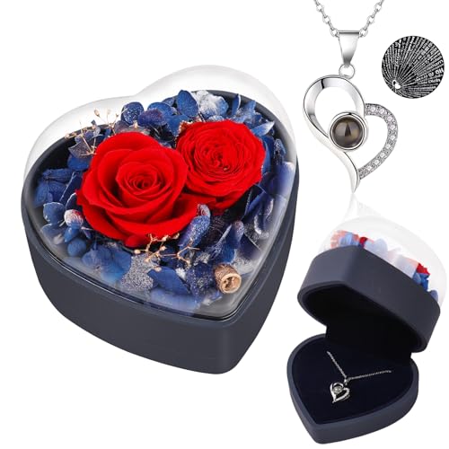 Mothers Day Rose Gifts for Mom, Preserved Real Rose with Heart Necklace, Forever Flower Mothers Day Flowers for Mom from Daughter Son Anniversary Birthday Gifts for Women Grandma Wife Sister (Blue)