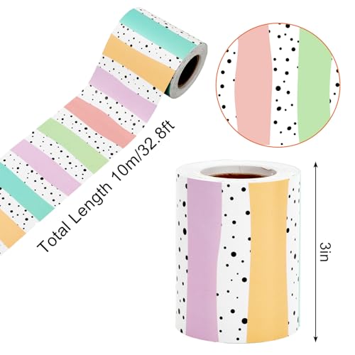 Image of Whaline 32.8 Ft Bulletin Board Borders Pastel Color Dot Stripe Die-Cut Rolled Border Trim for Back to School Classroom Office Chalkboard Wall Decoration
