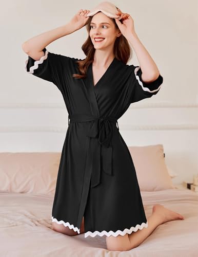 Ekouaer Women Kimono Robe 3/4 Sleeves Loungewear Dress Knee Length Sleepwear Pockets Housecoat Short Bathrobe S-XXL2