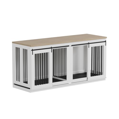 GarveeHome Large Dog Crate Furniture for Large Breed, Heavy Duty Dog Kennel with Divider, All Steel Frame Crate Tv Stand, Farmhouse Furniture Style End Table
