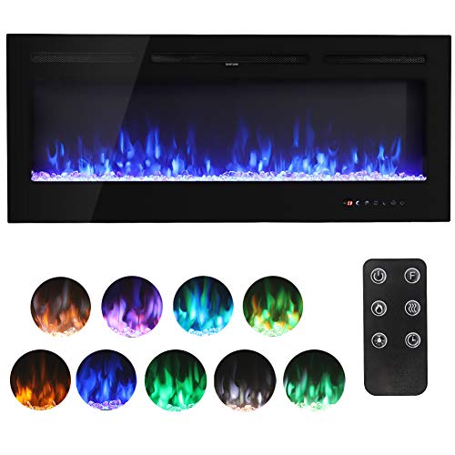 FIDOOVIVIA 40 Inch Electric Fireplace Wall Mounted Electrical Fire Suite with 9 Flame Colour Effect Log & Crystal & Remote Control, 220V-240V/50Hz, 900/1800W