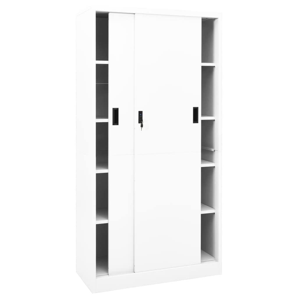 Armadio da ufficio con ante scorrevole, in acciaio bianco, 90 x 40 x 180 cm, con serratura, 4 ripiani regolabili per cartelle, robusto armadio in metallo