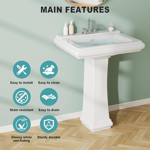 Bathroom Pedestal Sinks,Rectangular Pedestal Sink 26" W X 20" D Modern White Ceramic Bathroom Sink With Overflow and 3 Pre-Drilled Holes - Fits 4-Inch Faucets