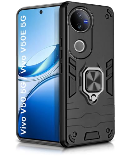 Image of WOW IMAGINE Shock Proof Back Case Mobile Cover for iQOO Z10R 5G | Vivo V50 5G | V50e 5G | V50 5G Elite Edition | Vivo T4R 5G| (Tough Armor | Hybrid PC + TPU | Ring Holder & in-Built Kickstand | Black)