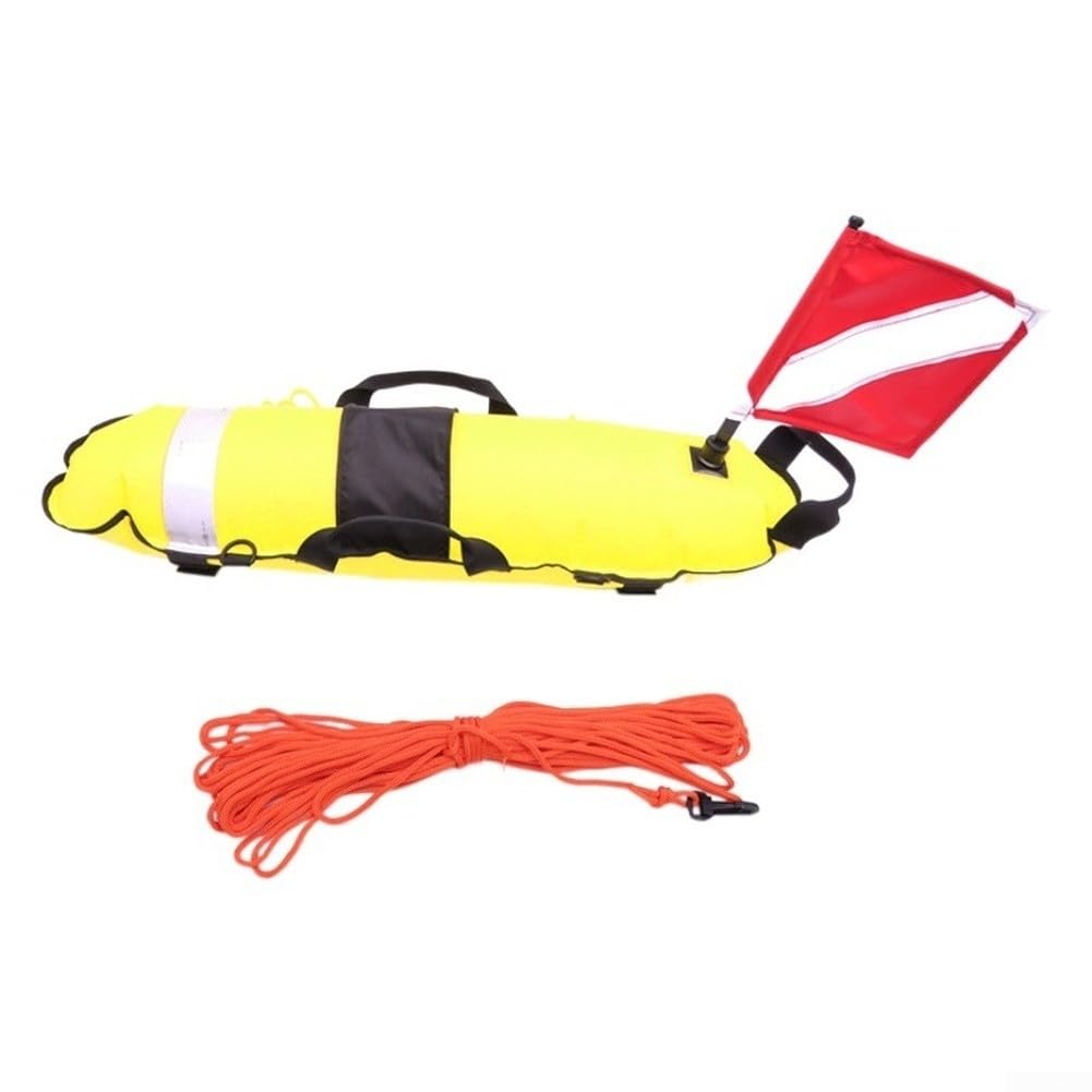 Boya de buceo inflable, cuerda de 83 cm, 25 m, flotador de pesca submarina de nailon, alta visibilidad con bandera, tiras reflectantes para pesca de buceo (amarillo fluorescente)