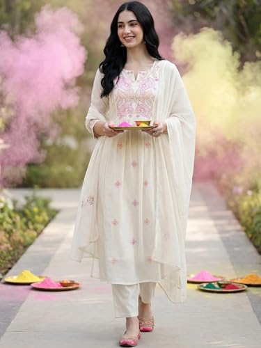Image of INDO ERA Women's Floral Embroidered A-Line Pure Cotton Kurta Pant with Dupatta Set