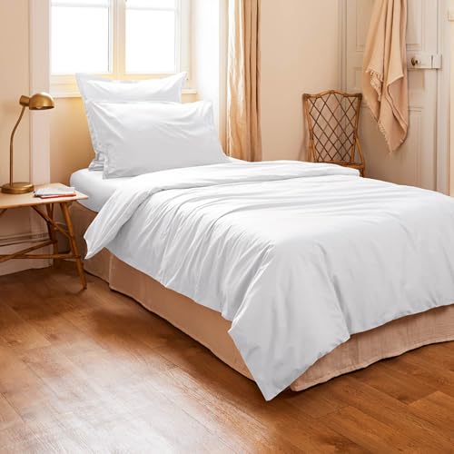 Générique Housse de Couette 2 Pieces 140 x 200 cm Unie 100% Percale de Coton Peigné – 80 Fils/cm² + 1 taies d'oreiller 65 x 65 cm Volant piqué Percale 1 Place Certifié Luxury Qualite (Blanc)