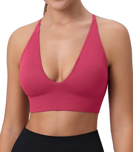 Image of Deep V-Neck Adjustable Women's Sports Bra | Wireless Longline Strappy Criss Cross Padded Spaghetti Straps Light Impact Workout Yoga Crop Top