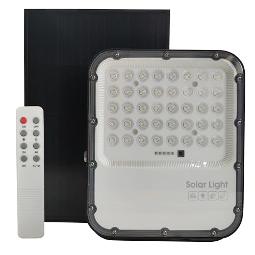 Foco LED Solar Regulable con Mando a Distancia 100W, 10000mA, Proyector Potente Exterior Dimmable, IP65 Impermeable, Luz Blanca 5000K, Placa Solar 10W/5V (100W)