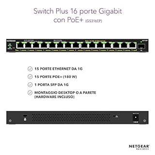 NETGEAR (GS316EP) Switch Ethernet, 16 porte, Gigabit Ethernet LAN PoE Plus (con 15x PoE+ 180W e 1x SFP, switch di rete gestito con IGMP Snooping, QoS, VLAN, senza ventola)