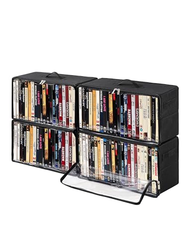 Beveetio 4-Pack DVD Storage Box, Stackable DVD Case Holder Organizer with Front Zippered Clear Window, CD Holder for CD, Blu-ray, VHS, Video Games, and Movie Collection, Holds 100+ Cases