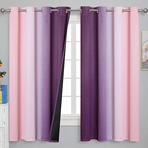 Pink And Purple Curtains 63 Inch Length 2 Panels, Full Light Blocking Ombre Blackout Curtains For Kids Room, Thermal Insulated Noise Reducing Gradient Blackout Curtains For Girls Bedroom, 52X63 Inch #TOP1