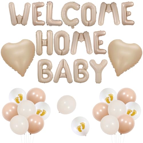 Jollyboom Décorations de bébé « Welcome Home », bannière de ballons beige neutre « Welcome Home », ballons blancs crème, ballons en aluminium pour garçons et...