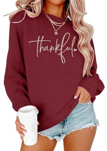 Thanksgiving Sweatshirts for Women Thankful Sweatshirt 2025 Trendy Fall Embroidered Graphic Pullover Top