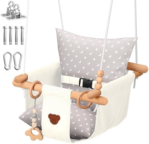 Baby Swing – Outdoor & Indoor, Cozy Toddler Swing for Backyard, Hanging Swing Seat Chair, Cotton Canvas & Beech Wood Frame, Safety Harness, Mounting Hardware Included (White)