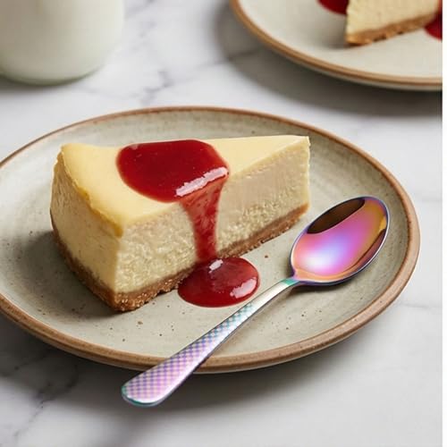 Image of 6.7 inch Rainbow Dessert Spoons Set of 5 with Checks Printed Handle ? Durable Stainless Steel Teaspoons, Mirror Polished Silverware Spoons, Perfect for Home, Restaurant, and Gifting