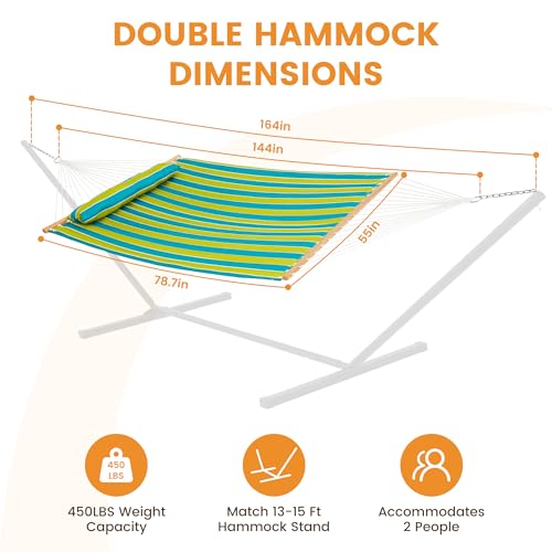 Image of Lazy Daze Hammocks 12FT Quilted Fabric Hammock with Pillow, Double 2 Person Hammock with Spreader Bar for Outdoor Outside Patio Garden Yard Pool Beach QFH009