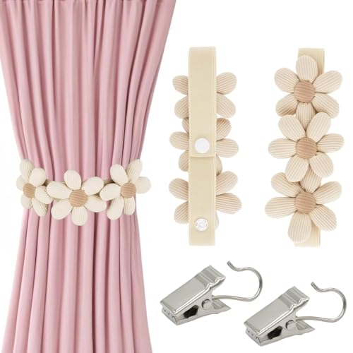 NHQZ 2 Pièces Embrasse pour Rideaux, Créatif Fleur Attache Rideau Corde Élastique, Embrasse Rideau avec Fleur, mit 2 Aufnahmehaken, Attache Rideaux pour La Maison, Le...