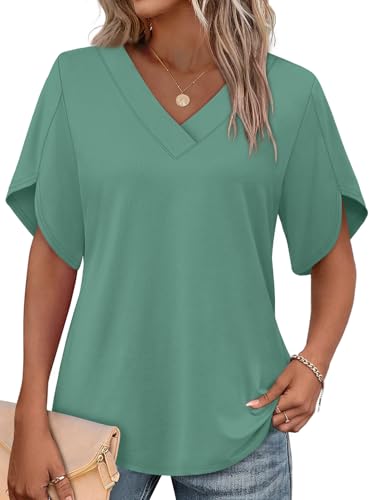 Image of WIHOLL Womens Summer Tops Short Petal Sleeve Shirts Fashion V Neck Womens Clothing