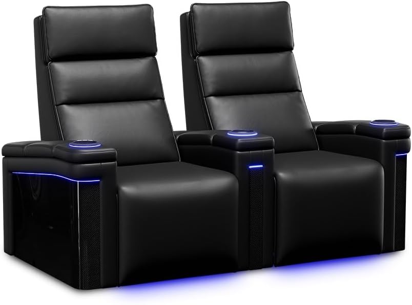 Valencia Monza Carbon Fiber Home Theater Seating | Premium Matte Semi-Aniline 15000 Nappa Leather, Power Lumbar, Headrest and Recline (Row of 2 Loveseat, Carbon Black)