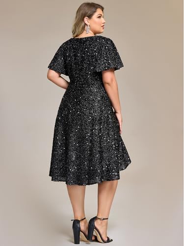 Ever-Pretty Plus Women's V Neck Short Sleeves A-line High Low Sequin Plus Size Cocktail Dresses2