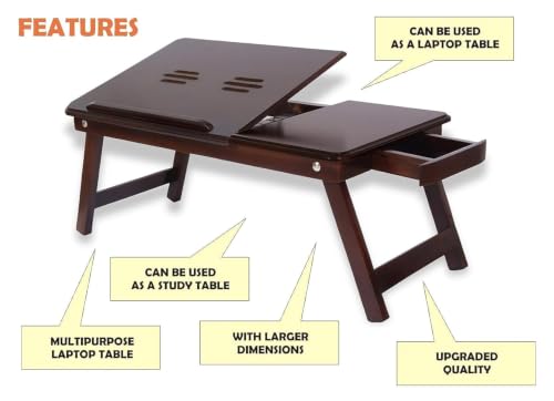 Image of WOOYNEX Wooden Laptop Table Standard Adjustable Study Table with Laptop, Portable Lap Desk, Multifunctional Bed Table with Drawer and Folding Legs (Brown a)