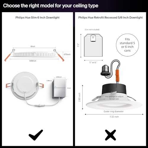 Image of Philips Hue Slim Downlight, Recessed LED Ceiling Light 1-Pack, 1200 lm, 6-inch, Canless Design, Full-Spectrum Daylight 1000K-20000K, Ultra-Low Dimming, Precise Color, Smart Lighting, White