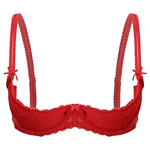 QinCiao Womens Lace Bra Half Cup Open Bra Underwired Bra Nightclub Sexy Open Nipple Bra Underwear Red Large