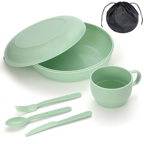 HOMQUEN 6-Piece Camping Mess Kit with Bowl, Plate, Cup, Spoon, Fork, Knife and Carry Bag, Plastic Camping Accessories Essentials Gear for Travel, Camping, Picnic, Outdoor, Easy to Carry & Store