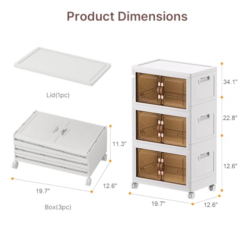 Image of UAMFURI Stackable Storage Bins with Lids, 288QT Lockable Storage Cabinet | Folding Storage Box with Doors and Wheels, Collapsible Plastic Drawers for Home, Garage, Office