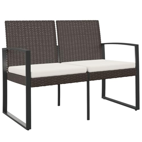 vidaXL Gartenbank, Sitzbank 2-Sitzer mit Kissen, Bank mit Armlehnen Rückenlehne, Gartenmöbel Parkbank Stahlrahmen, Braun PP-Rattan