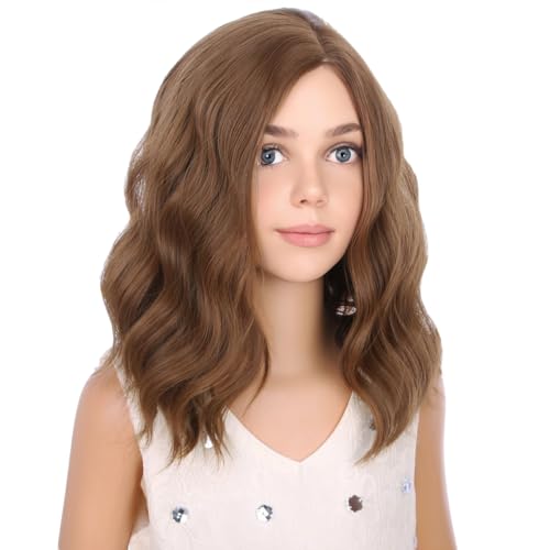 Image of PATTNIUM Kids Chocolate Brown Wig Child Light Brown Wig Short Bob Wavy Cury Wigs Girls Brown Hair Synthetic 12 inch Wigs with Wig Cap
