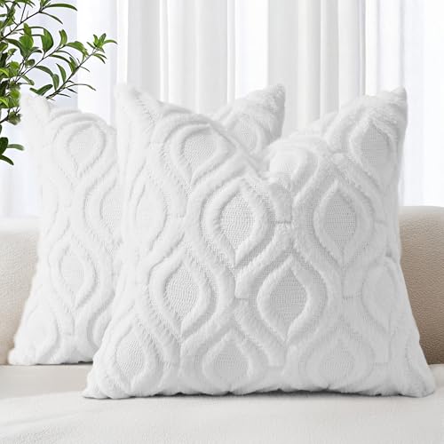 decorUhome Fall Throw Pillow Covers 20x20 Inch Set of 2, Soft Plush Decorative Faux Fur White Solid Couch Pillow Covers, Accent Farmhouse Neutral Square Euro Pillow Cases for Sofa Bed Living Room