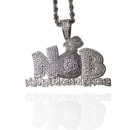 Never Going Broke NGB Money Custom Pendant Iced Diamond cz Necklace Men Women 925 Italy 14k White Gold Finish Iced Silver Charm Ice Out Pendant Stainless Steel Real 3 mm Rope Chain Necklace (16)