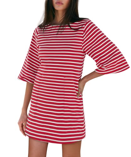 Yousify Women’s T Shirt Dress Cotton Summer Dresses 2025 Casual Loose Short Sleeve Striped Mini Dress with Pockets2