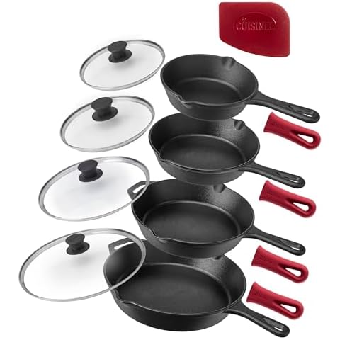 Cuisinel 6"+8"+10+12"-Inch Cast Iron Skillets Set + Glass Lids + Silicone Handle Grips - Pre-Seasoned Frying Pan - Oven Cookware - Use Indoor/Outdoor, Grill, Stovetop, Fire, Camping, Kitchen Cover