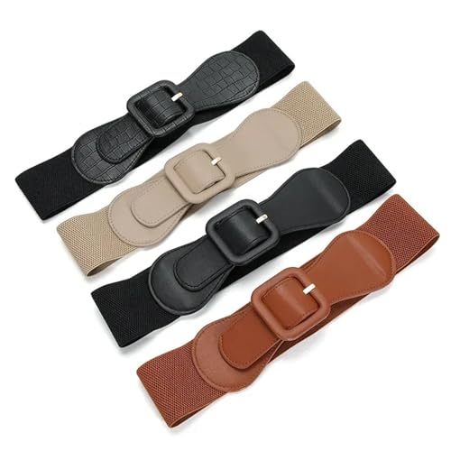 Decorative Belt Women's Wide Belt Square Pin Buckle Leather Elastic Waist Strap Costume Matching Decoration Dress Waistband for Country Concert Outfit(Khaki)2