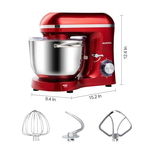 Image of Aucma Stand Mixer,6.5-QT 660W 6-Speed Tilt-Head Food Mixer, Kitchen Electric Mixer with Dough Hook, Wire Whip & Beater (Red, 6.5QT)