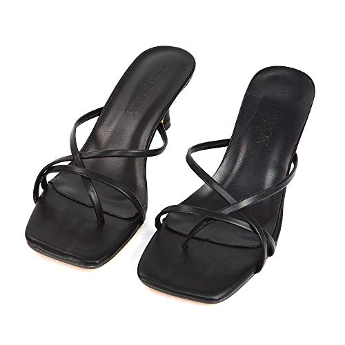 ESSEX GLAM Womens Low Heel Mule Sandals Ladies Strappy Square Toe Post Slip On Stiletto Kitten Heel Summer Shoes Size 3-8