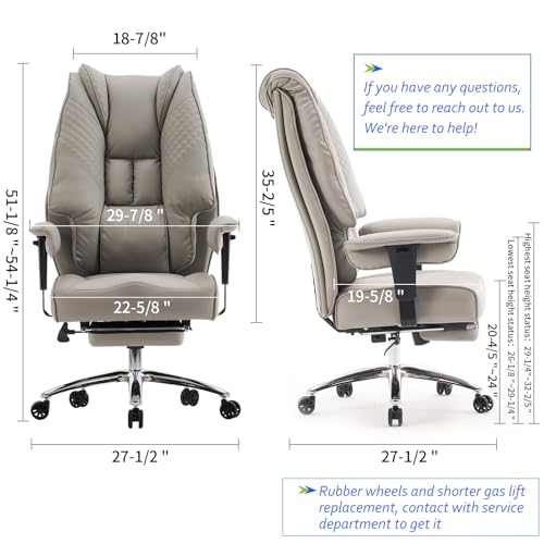 Big and Tall Office Chair 400lbs Wide Seat, Leather High Back Executive Office Chair with Foot Rest, Ergonomic Chairs Lumbar Support for Lower Back Pain Relief (Light Grey)
