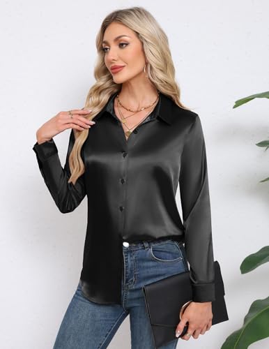 HOTOUCH Satin Shirts for Women Silk Button Down V Neck Dressy Casual Blouse Loose Long Sleeve Office Work Tunic Tops3