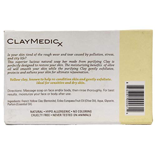 French Yellow Clay Bar Soap By CLAYMEDICX - Infused with Olive Oil - Gently Exfoliate, Stimulate Circulation - All Natural, Moisturizing & Hydrating - Fixes Dry, Sensitive & Irritated Skin - 5 OZ