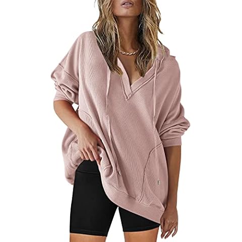 SENSERISE Womens Oversized HoodiesLong Sleeve V Neck Drawstring Hooded Sweatshirts Waffle Knit Tops with Pockets(Nude Pink,S) Cover