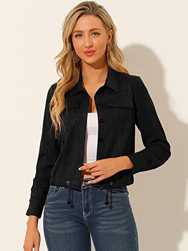 Allegra K Women's Faux Suede Point Collar Button Down Cropped Moto Biker Jacket Large Black #TOP2