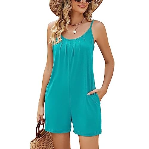 LOMON Womens Casual Summer Sleeveless Romper Loose Adjustable Spaghetti Strap Stretchy Shorts Jumpsuits with Pockets Medium Color Triple Stripe